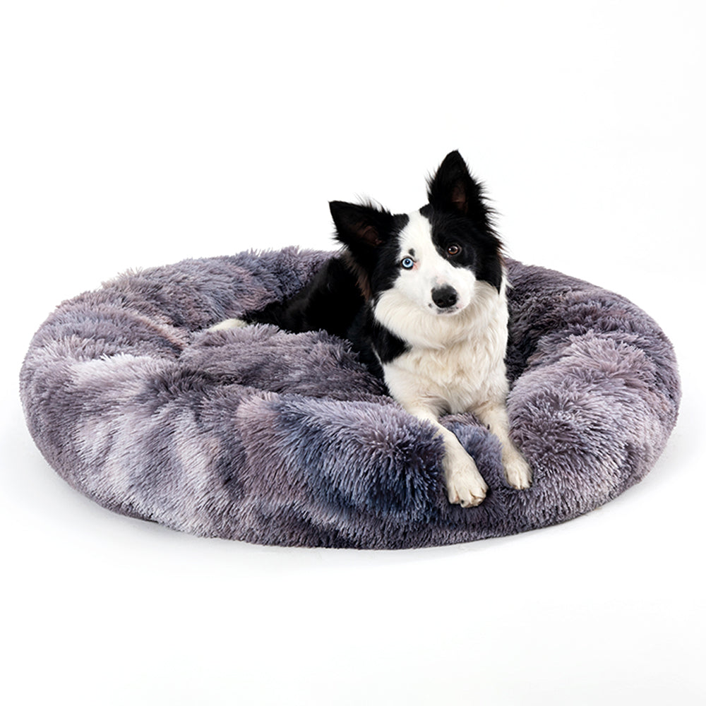Fluffy donut calming pet bed with plush raised rim